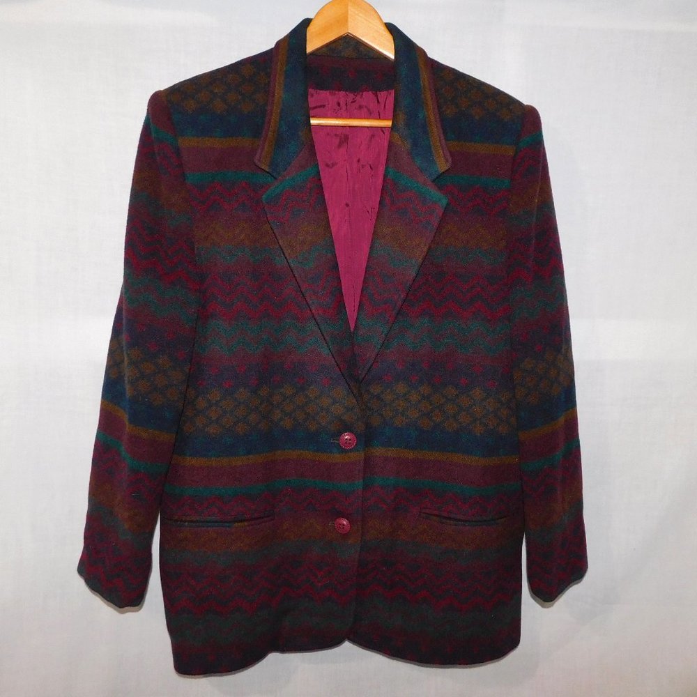 VTG 90s Two Roads Women 11 Navajo Southwestern Print Oversized Wool Blend Blazer